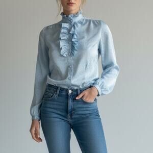 Jo Matthews Blue Ruffle Victorian Style Button Down Blouse Medium 80s